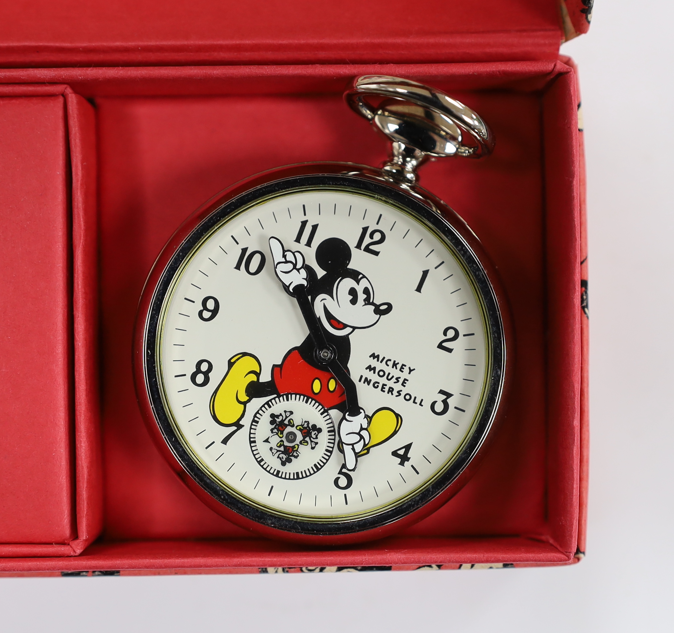 A boxed limited edition Ingersoll Watch Company Mickey Mouse pocket watch and medallion, numbered 4013/5000, case diameter 44mm.